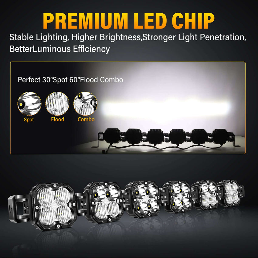 Tapaodu's 40" triple combo LED bar features 6 pods for spot, flood & wide beams. IP67 rated and linkable for ultimate off-road lighting.