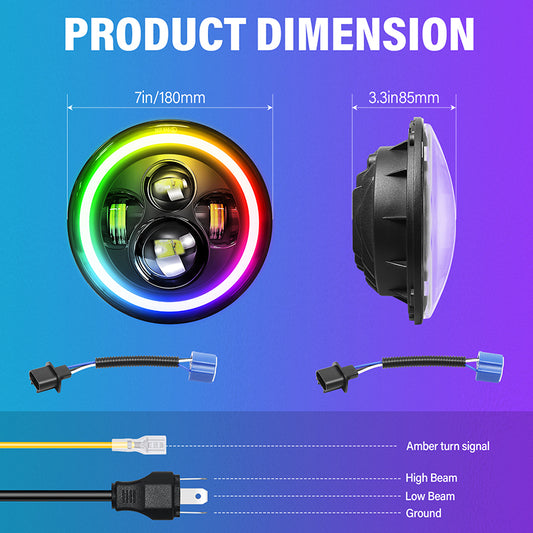 7INCH Jeep Wrangler Jk / Jl RGB LED Headlight with Multi-Color Halo Ring & DRL