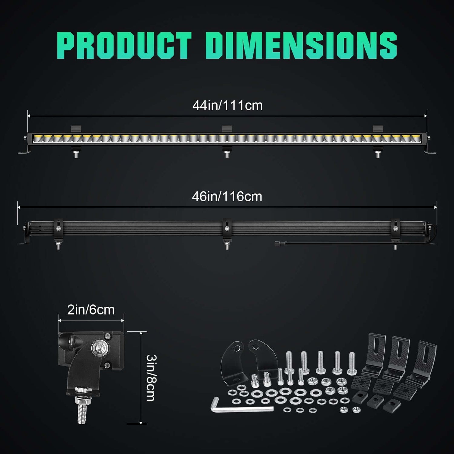 Side view of the Tapaodu 44-inch LED light bar, showcasing its ultra-slim profile and compact design for easy installation.