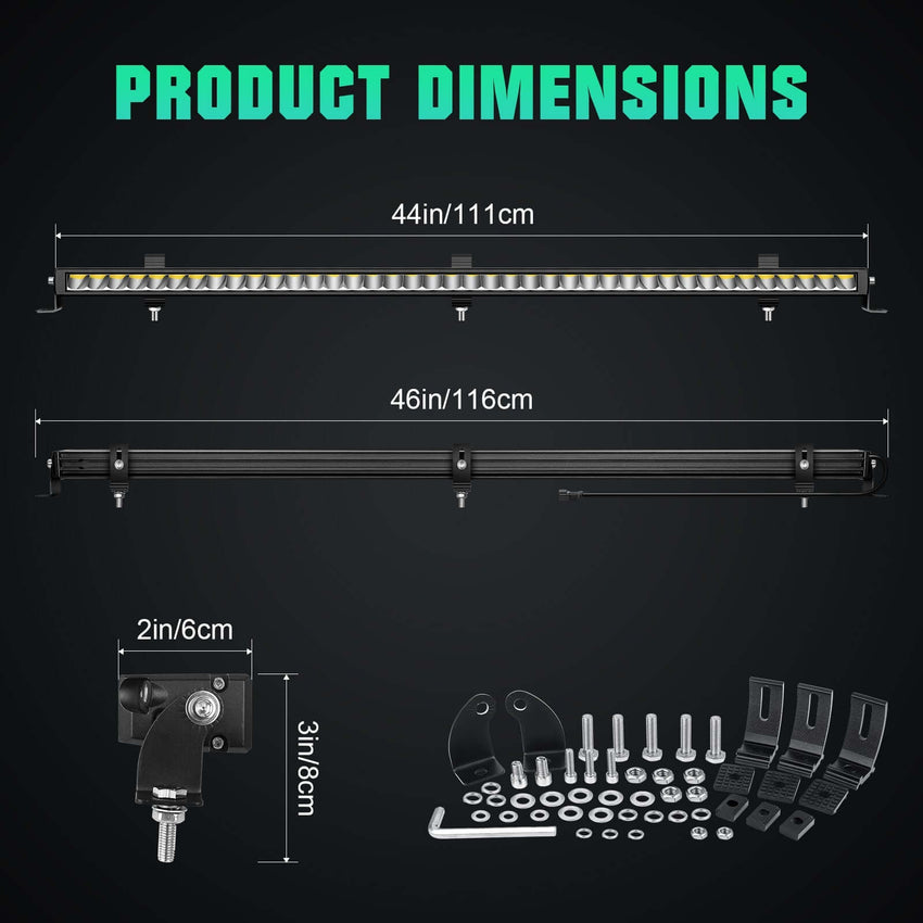 Side view of the Tapaodu 44-inch LED light bar, showcasing its ultra-slim profile and compact design for easy installation.