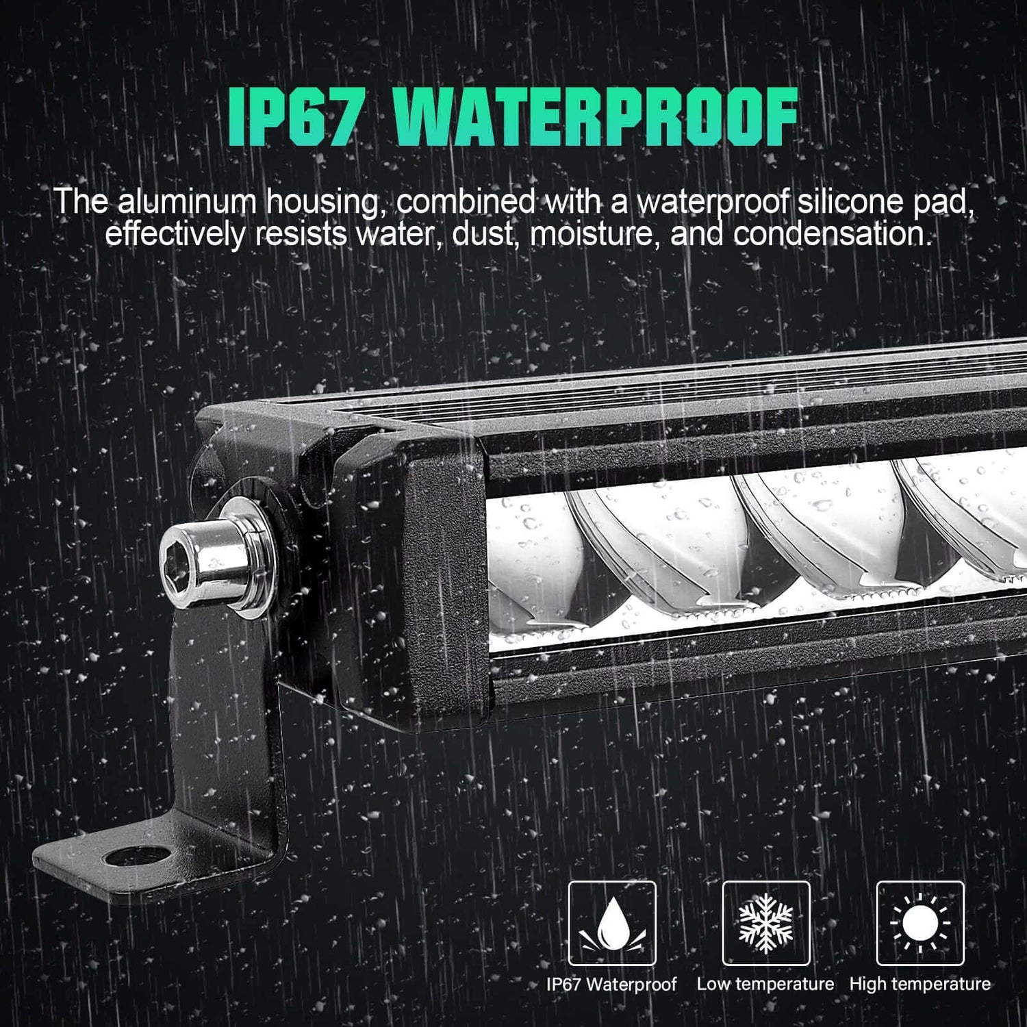 IP67 waterproof LED light bar with aluminum housing, designed to resist water, dust, and condensation.