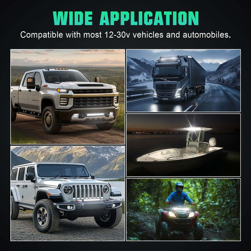 Wide application of Tapaodu 44 inch LED light bar on various vehicles and boats, compatible with 12-30v automobiles.